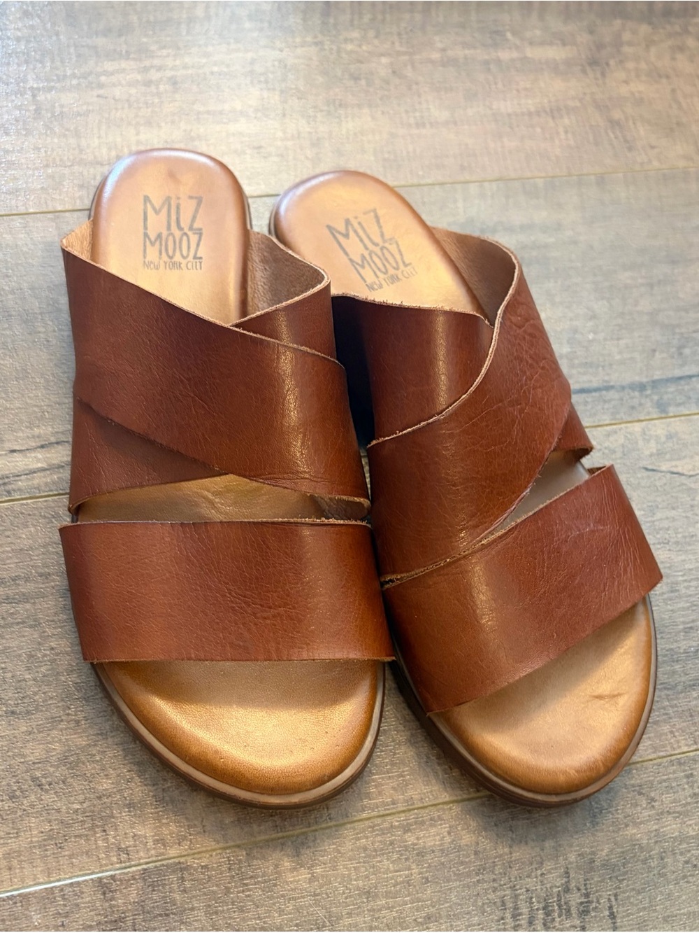 Miz Mooz Cognac Brown Leather Crossover Slide Sandals